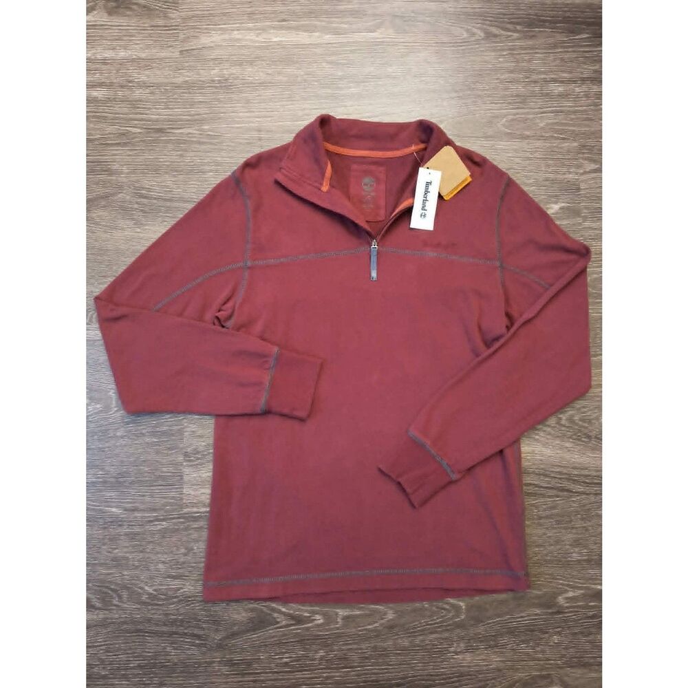 NWT Timberland Red Cotton 1/4 Zip Long Sleeve Men's Pullover Shirt, Size L